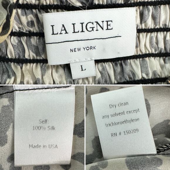 La Ligne 100% silk tie strap leopard print smocked midi dress size large L - Picture 4 of 5